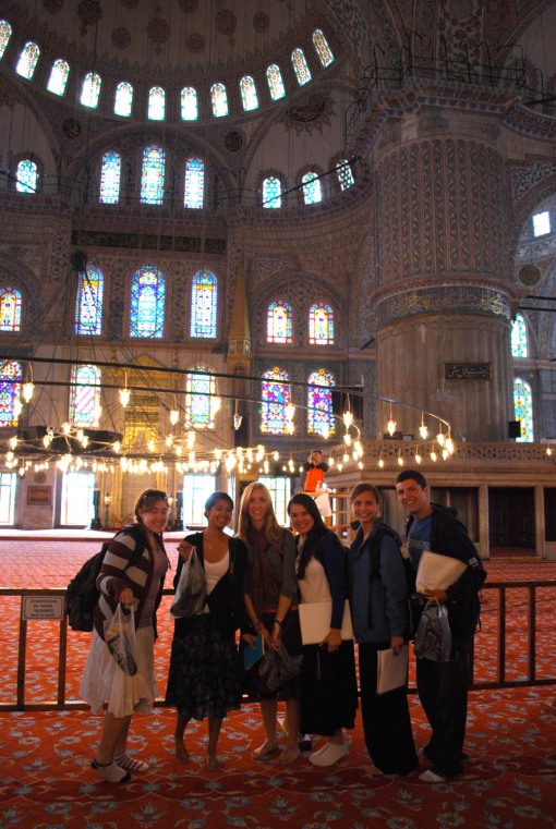 Kait, Alex M., KT, Ally, Kathryn, and Ben inside the Blue Mosque.
