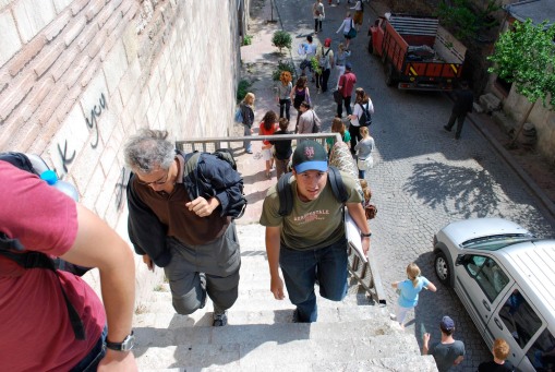 Prof. Christesen and Ben boldly tackle the treacherous staircase up the Theodosian Walls (OSHA would not approve).