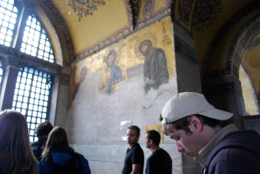 Alex takes notes in front of the impressive mosaics at Ayia Sofia.